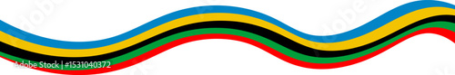 Bold wave-like layered stripes in blue, yellow, black, green, and red forming a smooth, dynamic pattern symbolizing energy, unity, and motion