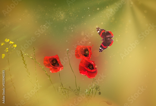 Red poppy flowers with beauty flying butterfly in sunlight