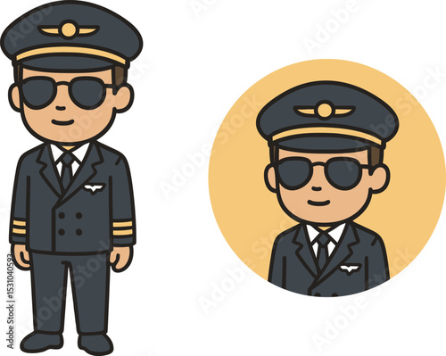 Flat icon of a male airplane pilot wearing uniform, cap, and sunglasses. Minimal cartoon vector style with transparent background