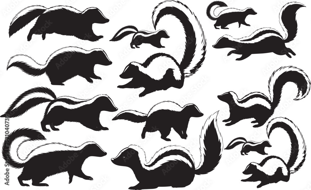 Naklejka premium Skunk Silhouettes – Solid Black & Outline Vector Set