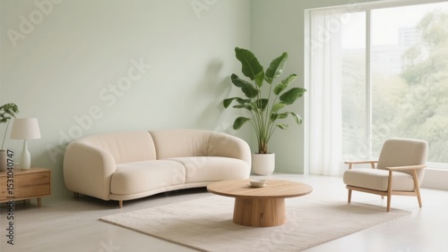 Modern Living Room with Curved Sofa and Minimalist Decor