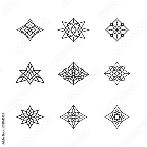 Nine Geometric Star Shapes on a White Background