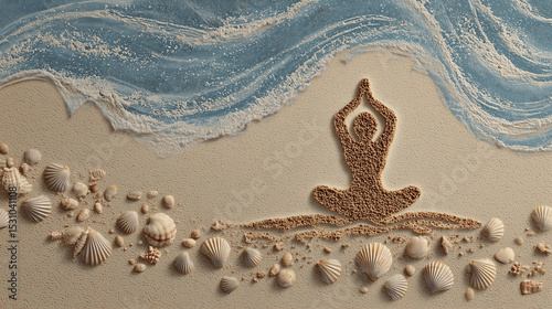  Yoga pose drawn in sand on a beach, seashells and wave patterns around, upper portion left clear for text.
