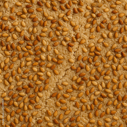 Sesame Seeds Texture: A close-up shot showcasing a vibrant and rich texture composed of meticulously scattered sesame seeds, each one boasting its own unique size and form.