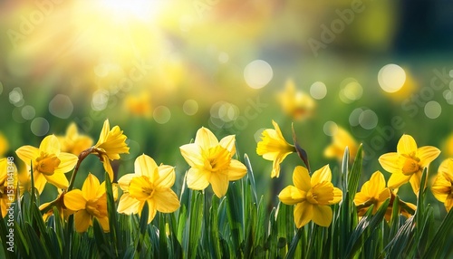 springtime nature background with green grass field with yellow blooming daffodils and sunshine bokeh