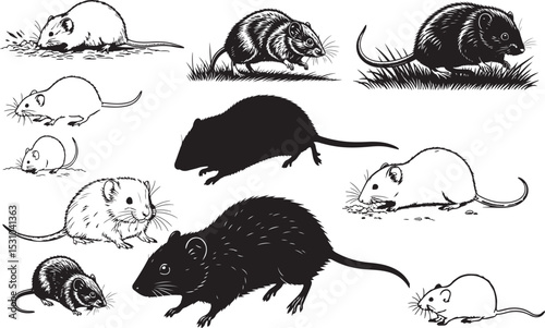 Vole Silhouettes – Solid Black & Outline Vector Set