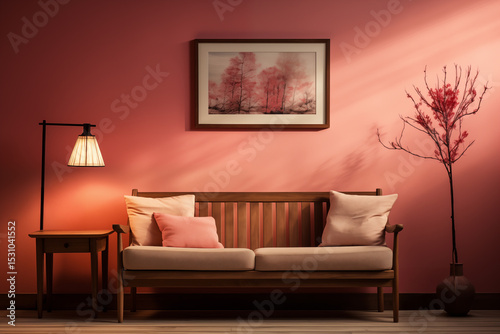 living room with wooden sofa and pink wall