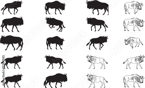 Wildebeest Silhouettes – Solid Black & Outline Vector Set