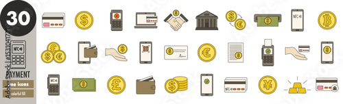 Payment methods - thin line icons set, colorful fill. Banking, online payment, NFC payment, credit card, cash, coins, mobile payment, QR code payment, POS terminal payment, vector illustration