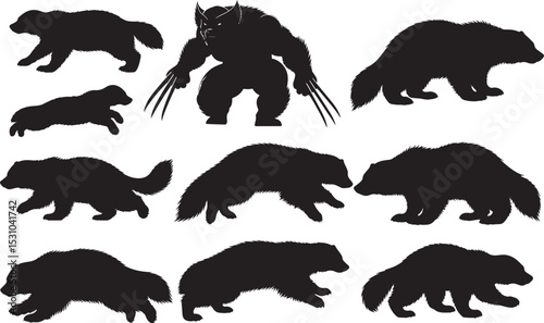 Wolverine Silhouettes – Solid Black & Outline Vector Set