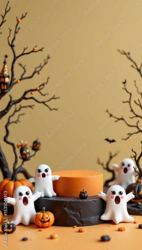 Fototapeta premium Halloween ghosts on platform with pumpkins and spooky trees create festive podium scene full of fun and eerie Halloween spirit