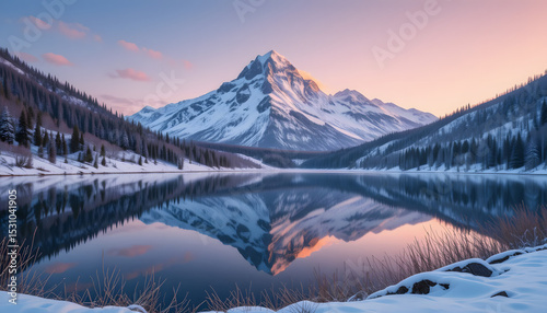 Title: Majestic Snow-Capped Mountain Reflected in Pristine Lake, Serene Landscape at Sunrise