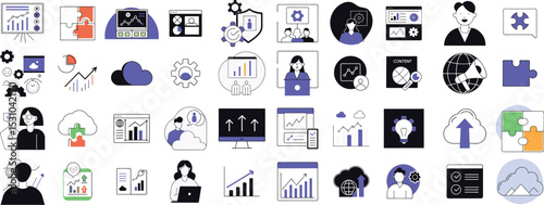 Vector set of 40 colorful business concept illustrations covering teamwork, analytics, growth, content, cloud, and customer support.