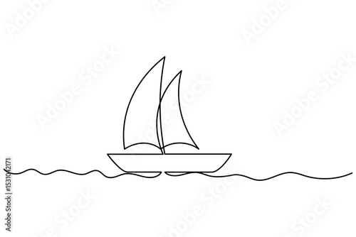 sailboat continuous one line drawing and outline vector illustration.