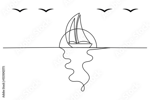 sailboat continuous one line drawing and outline vector illustration.
