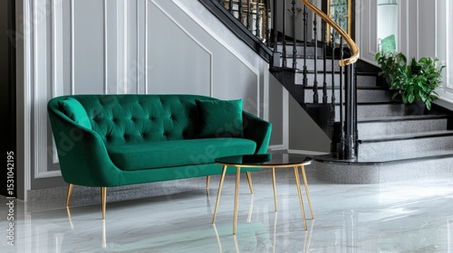 Living room interior with stairs, gray sofa and green velor armchair in an elegant style. 