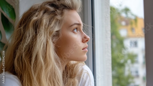 Lonely young woman with blond hair gazing out the window, feeling nostalgic and emotional. 