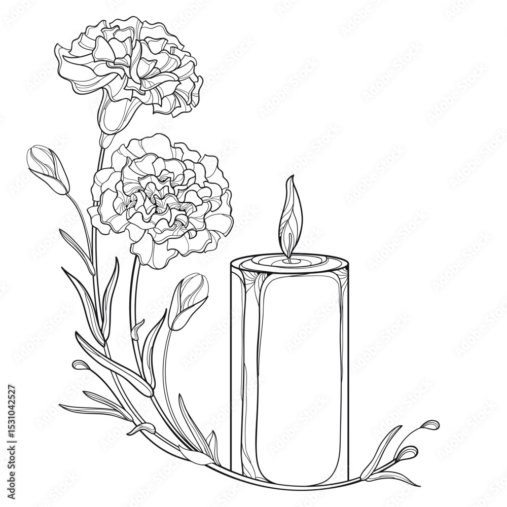 © bokasana - Corner bouquet with outline two Carnation flowers and burning candle in black isolated on white background.