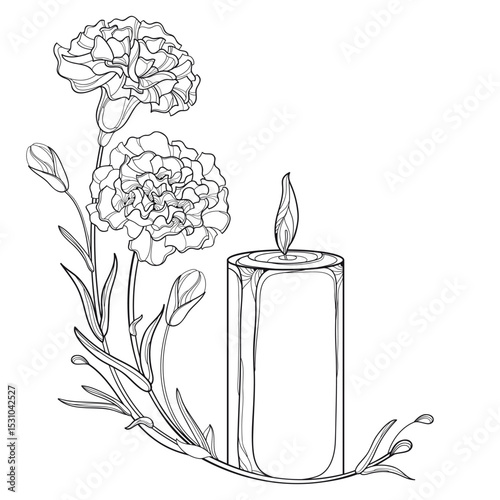Corner bouquet with outline two Carnation flowers and burning candle in black isolated on white background. 