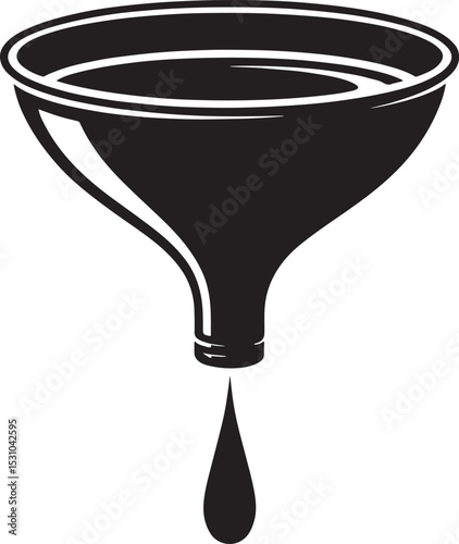 Black and white illustration of a funnel pouring a single drop.