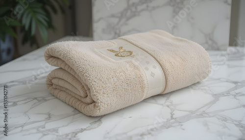Title: Luxury Beige Towel with Golden Rabbit Emblem on Marble Surface, Elegant Home Décor and Bathroom Accessory