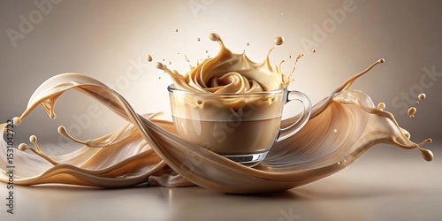 A captivating image showcasing a glass filled with creamy liquid, elegantly adorned with a dynamic splash, forming a mesmerizing swirl?a delightful visual representation of pure indulgence