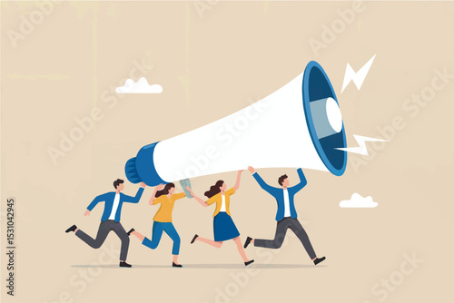 Teamwork lifting a megaphone vector cartoon illustration isolated on transparent background