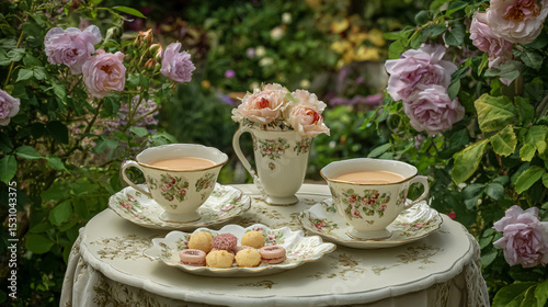 Afternoon tea with floral porcelain tea set, pretty sponge cakes, teatime set amid English garden roses in dappled countryside light