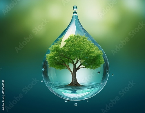 green tree in a drop of water digital art symbolizing the importance of water for the continuation of life on the planet great for eco posters water conservation ads and sustainability campaign v