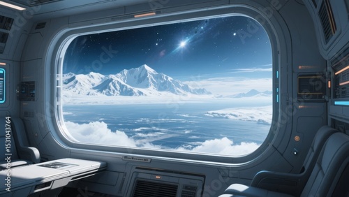 View from a spacecraft window overlooking a snowy mountain range under a starry sky
