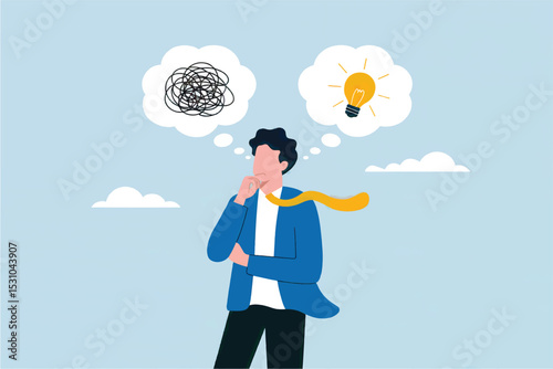 Vector cartoon illustration of a man choosing between a tangled mess and a lightbulb idea isolated on transparent background
