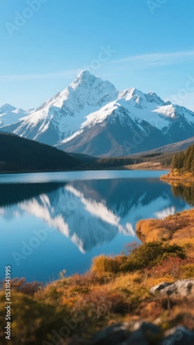 Snow-Capped Mountain Reflected in Calm Lake Surrounded by Autumnal Vegetation