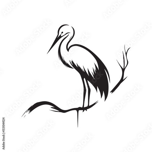 minimalist crane perched on a brach with one stoke design