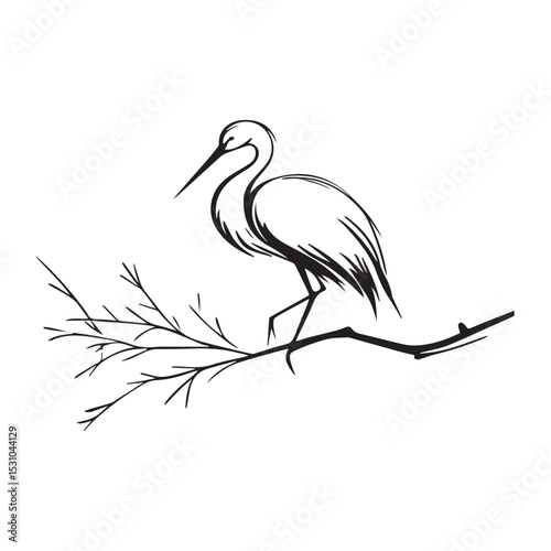minimalist crane perched on a brach with one stoke design