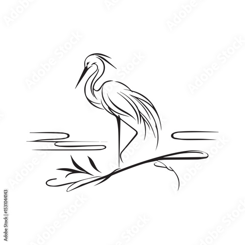 minimalist crane perched on a brach with one stoke design