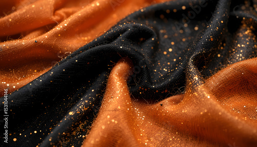 Title: Glittery Orange and Black Fabric with Shimmering Texture, Festive Textile Concept
