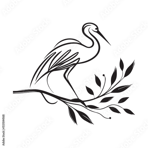 minimalist crane perched on a brach with one stoke design