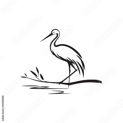 minimalist crane perched on a brach with one stoke design