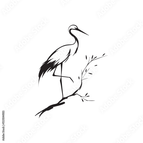 minimalist crane perched on a brach with one stoke design