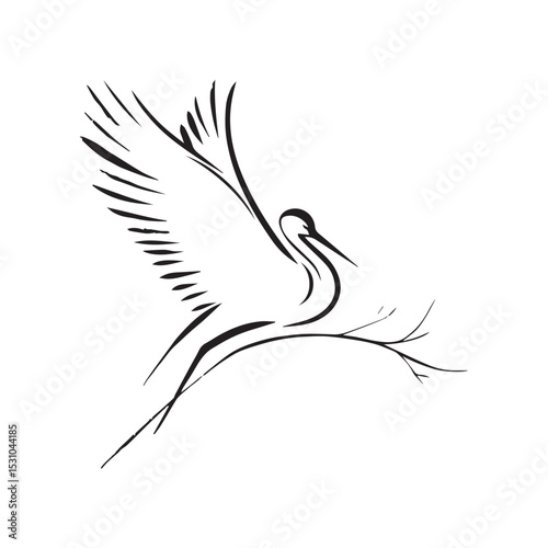 minimalist crane perched on a brach with one stoke design