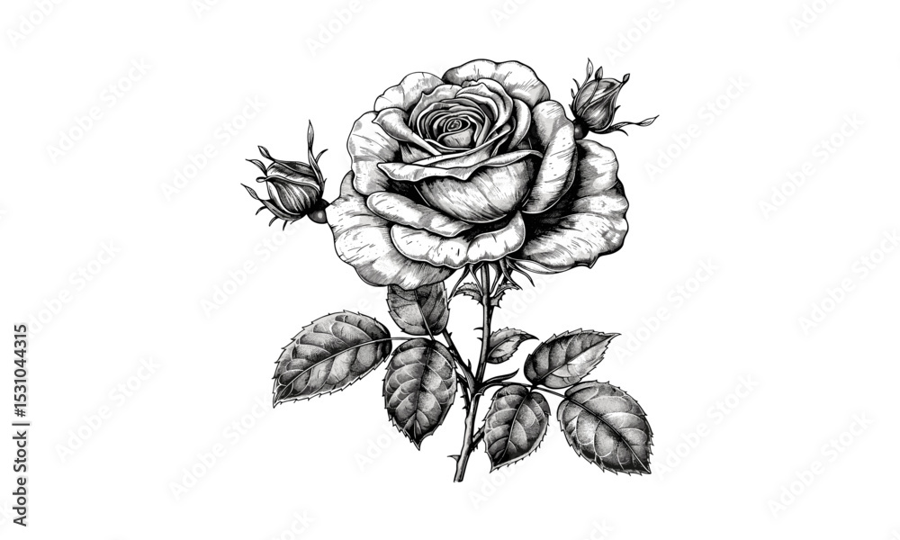 Obraz premium Vintage Rose Flowers Engraving, Vector Illustration, Botanical Art, Floral Design, Antique Style, Hand Drawn Flowers, Garden Elements, Classic Flower Sketch, Nature Illustration.