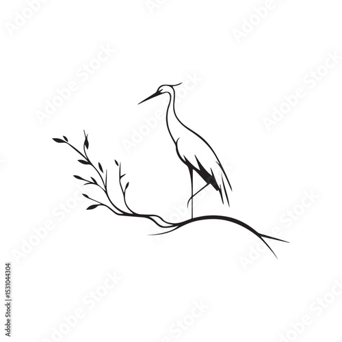 minimalist crane perched on a brach with one stoke design
