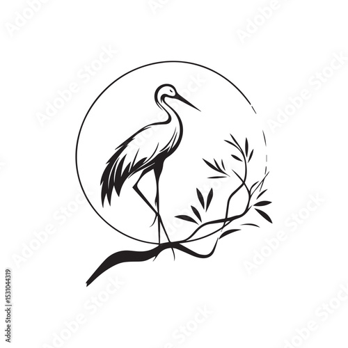 minimalist crane perched on a brach with one stoke design