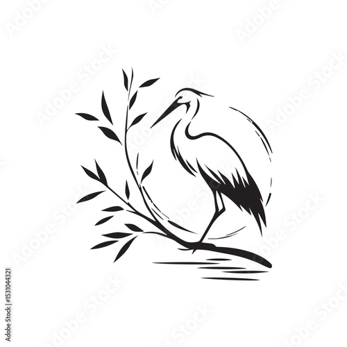 minimalist crane perched on a brach with one stoke design
