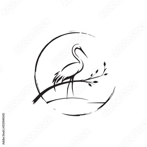 minimalist crane perched on a brach with one stoke design