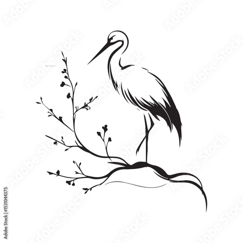 minimalist crane perched on a brach with one stoke design