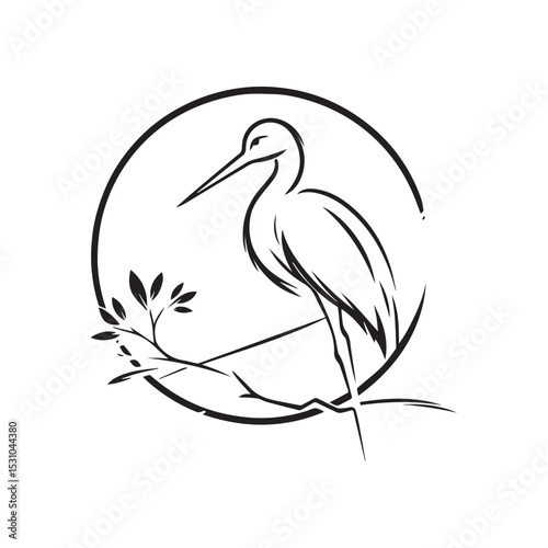 minimalist crane perched on a brach with one stoke design