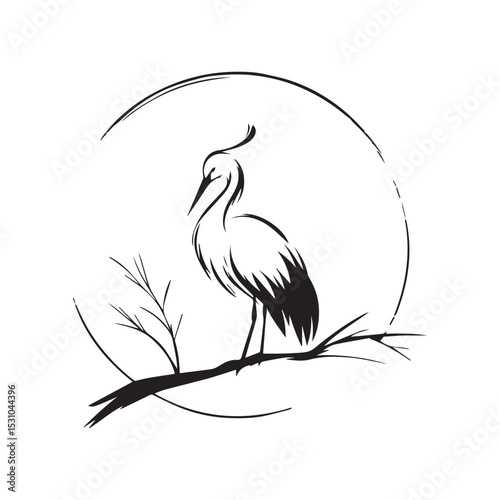 minimalist crane perched on a brach with one stoke design