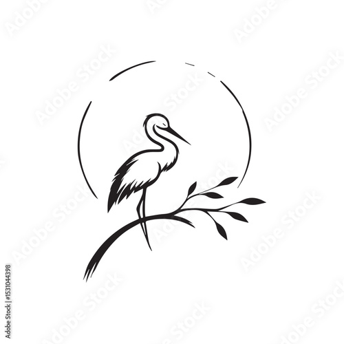 minimalist crane perched on a brach with one stoke design