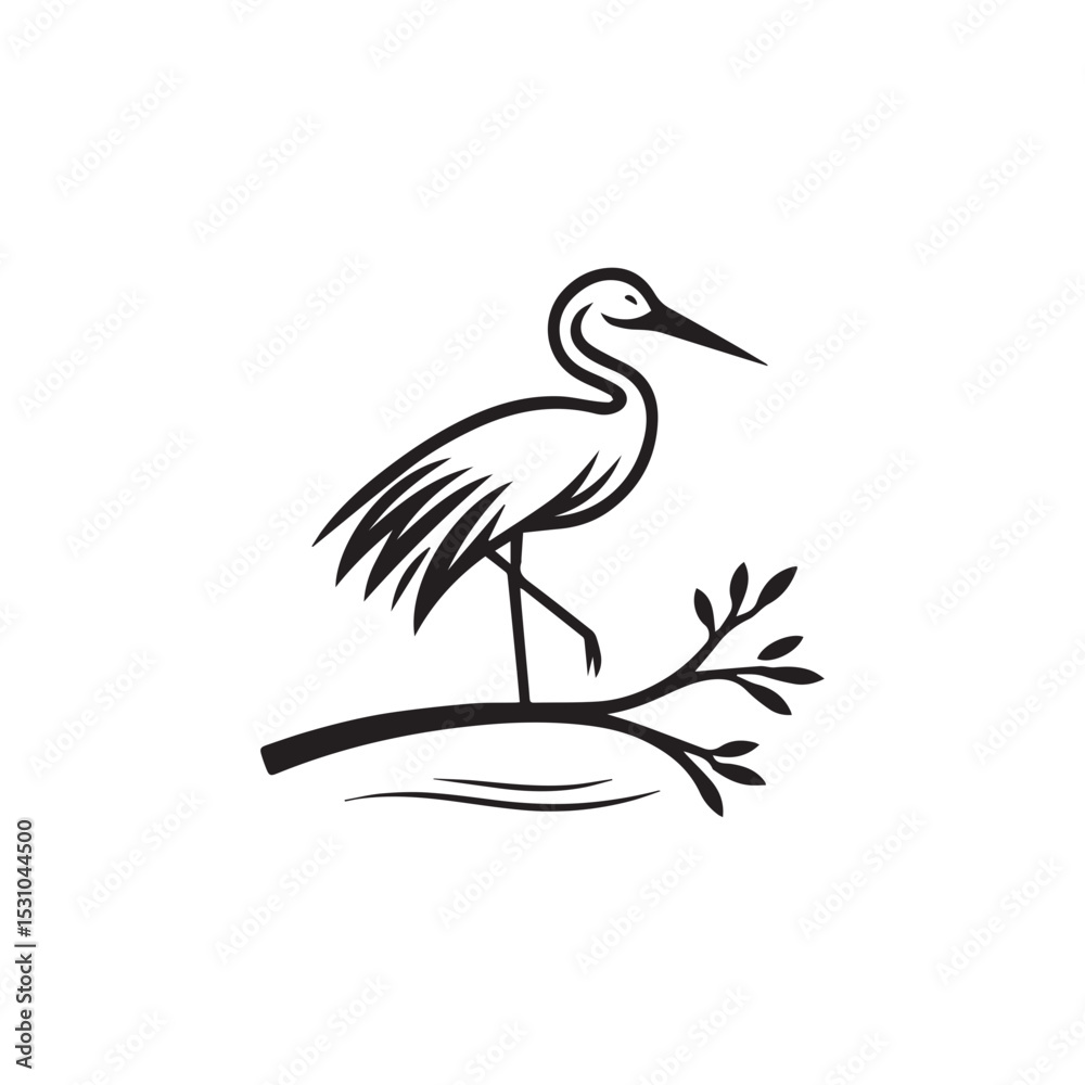 Obraz premium minimalist crane perched on a brach with one stoke design